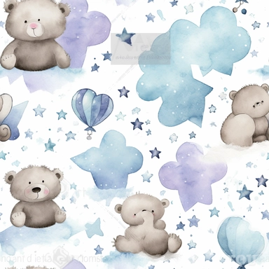 clipart photoshop hand painted watercolor seamless pattern on white background featuring clouds, stars, and cute bears in blues and greys in this style and color