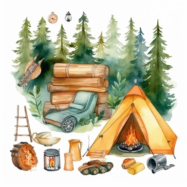 Watercolor summer camping Clipart , camping, tent, fire