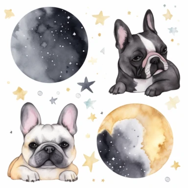 celestial watercolour French Bulldog clipart, on white background, stars, nebula, moon, galaxy, soft colours