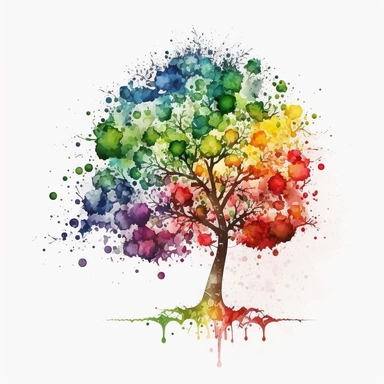 an apple tree, watercolor painting, clip art, rainbow, white background.