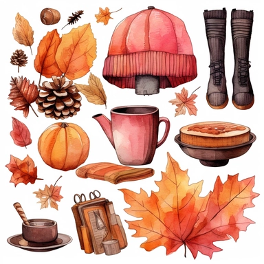 Watercolour illustration separately isolated cozy autumn kit , style by Lucy Fleming, watercolor, smooth gradients, black contour outline, ultra detailed, clipart elements, delicate pastel colors, solid white background, super clear, high quality