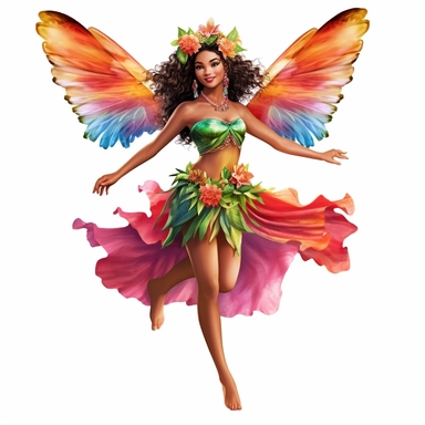 a beautiful happy fairy, hawaiian hulu dancer, full body image, big wings, clipart, white background