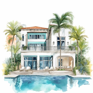 one watercolor villa, clipart, wedding venue, big windows, pool, miami style, tropical colors, white background