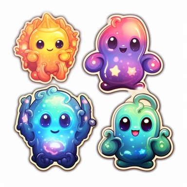 3 stickers with white background and border, emoji clipart as cute monsters, seemless pattern, high res, iridescent, some bioluminescent