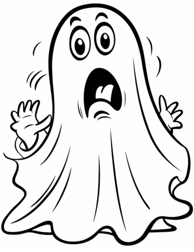 clipart friendly cartoon ghost scared of a mouse in the style of Pierre-Auguste Renior black and white child's coloring book, black and white smooth thick lines, solid white background, no background