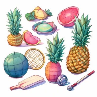a pineapple,an ice cream,a volleyball,summer clipart pack, in the style of playful and ironic, tupinipunk, vibrant neo-traditional, tempera, oversized objects, hatching, watercolors