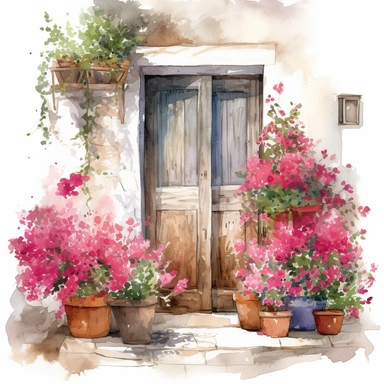 Create a beautiful watercolor clipart vignette of a rustic Mediterannean courtyard with a collection of white flowering potted plants, flowering hanging baskets and hot pink trailing bougainvillaea against a painted white rustic cottage door. The composition should be set against an isolated white background, with a bright and airy feel. Focus on capturing intricate details such as the delicate petals of the roses. Use a loose and fluid watercolor technique to create a sense of movement and ligh