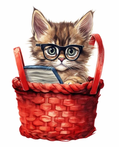 detailed watercolor Kitten in basket with eyeglasses , realistic, isolated on a white background, clipart