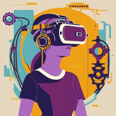 vr headset, virtual reality, industrial worker, woman, poster, learning in vr gogle, repairing machine, simplistic, abstract, vector, 2d illustration, clipart, few colors, industrial, hi-tech