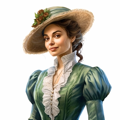 beautiful persian lady, looking left, victorian hairstyle, victorian hat, Victorian era clothing, beautiful smile, realistic inverted portrait white background, high quality, hyper-realistic, Victorian Lady Clipart,green dress