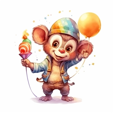 cute Monkey character wearing birthday clothes and birthday element with happy face,front facing on isolated background,with happy face and expression,Animal Sublimation Clipart,no splash watercolor,white background, ultra detailed clipart, cut out image, colorful watercolor realistic, cartoon style, ultra HD, sharp and clean art
