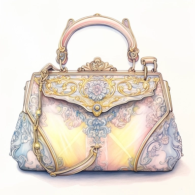 vintage style Detailed light and shadow, 2D outline, A beautifully patterned neo rococo Victorian baroque hyper realistic hand bag in varying hues of pale pink, blue and yellow, stunningly beautiful, refined and sophisticated, Hand drawn, cicely mary barker ,realistic watercolor, Clipart, emotionally pleasing watercolor, i can't believe how beatiful this is,accurate detailed line art, white background, intricate detail, clean line art, saturated fantasy watercolor