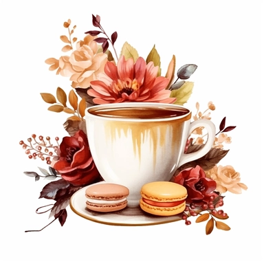 filter cafe for french coffee, cup of coffee, flower digital clipart on white background