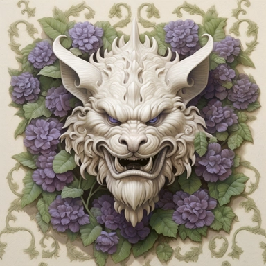 friendly gargoyle, Ivory and purple flowers, Leaves, vintage Pastel Cream Background, Smoke Petals, Maximalist, Hyper Detailed, 3D rendered, 8k polished, Hyper Realistic Intricate details, hyper realistic, intricate detail, painting, shabby chic, clipart
