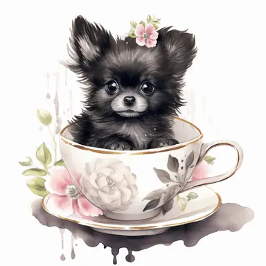 ink color illustration of a cute black pomeranian puppy sitting in a teacup, watercolor floral elements and pearls, clipart white background 8k