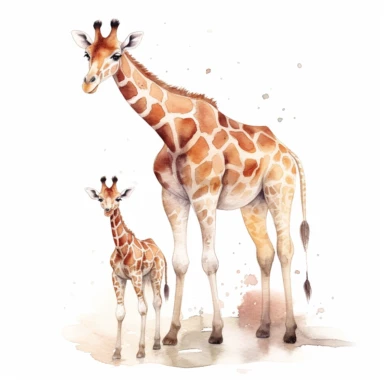 cute giraffe calf, standing tall next to its mother, warm pastel colors, clipart, on a white background