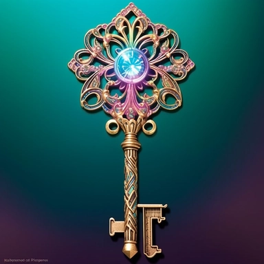 A mesmerizing clipart showcasing a legendary fairy tale tool: a shimmering and ornate key of wondrous proportions. The key should possess intricate details, such as delicate engravings depicting mythical creatures or symbols of magic. Its handle should be crafted from a rare and iridescent material, radiating an ethereal glow. The teeth of the key should be intricate and unique, as if they hold the secrets to unlocking mystical realms. Place the key against a pristine white background