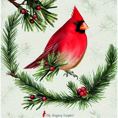 Cardinal bird, vintage lantern, winter greenery. Christmas clipart. Watercolor illustration. Pine fir branches, Holly berry, gold apple, coin. Floral bouquet. Holiday decor for print, card making