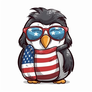 Sticker, American flag with penguin scarf and sunglasses Sublimation Clipart, Cartoon funny, Cute anime, Very detailed, white background