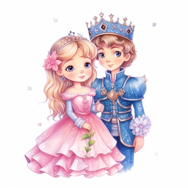 Cute pink snow Princess and blue prince Sublimation Clipart, Illustration clipart, 4K, extremely detailed Sublimation Clipart,Cartoon,hyper realistic, intricate detail, illustration style,high solution,on the white background