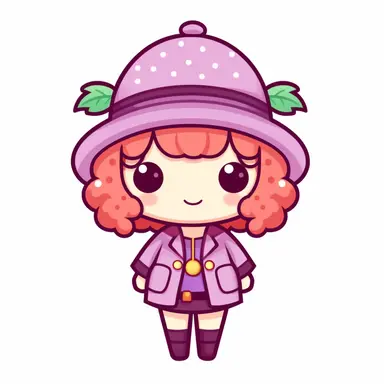 kawaii character in purple berries outfit with hat and dress, single clipart on white background, sanrio inspired character, svg, eps,