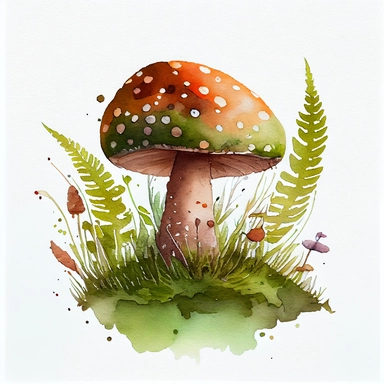 Watercolour Magic Mystical not poisonous friendly one Mushroom with thick stem, no ring, no dots or circles on the cap, clipart dark brown. Growing from the ground. No other mushrooms. Some green plants and grass leaves around, without other inclusions, without dots and circles, also growing from the ground. No things hanging in the air. white background