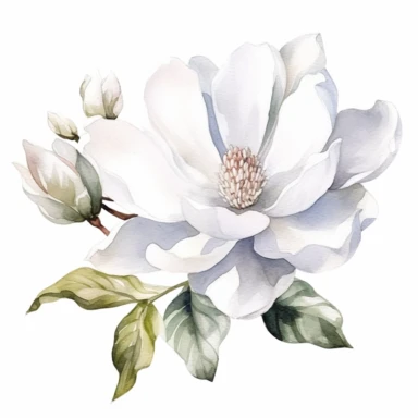 clipart magnolia, watercolor, white background, silver sequins