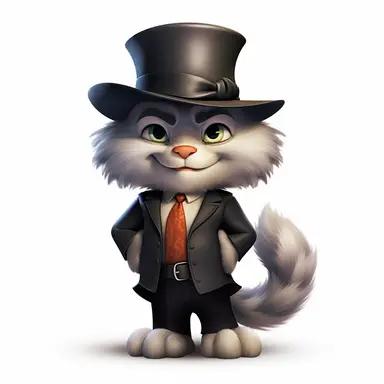 a happy mafia cat, arms folded, fedora hat, ears coming through the hat, long fluffy tail, full body image, pixar style, clipart
