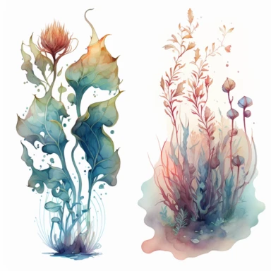 water plants, light watercolor clipart, isolated on white background, James Jean and Peter Mohrbacher, no text, no captions