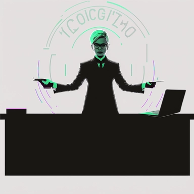 absolutely white background. an incredibly simplistic black silhouette of the code concierge sitting at a black desk, hands outstretched, black silhouette, white background, minimalistic, simple, clip art, simple clip art cartoon replace white in face with black. negative space, hyper minimalistic, clean, symmetrical, trending on artstation, business logo,, simple clipart desk, black desk covered in front, minimalistic simple face, green and pink hair minimalistic hair, negative
