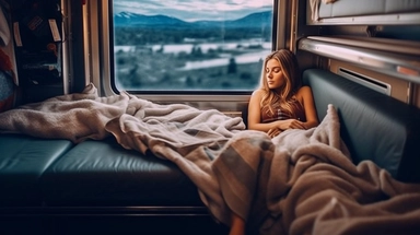 The girl is covering full herself with a blanket, there is a beautiful happy girl wrapped in blanket, Panoramic view of the train carriage with many windows, realistic photo ,beautiful girl, full train cabin, There's a table and there's a cup of coffee on it, night train, sleeping girl, night train,night, beautiful face, girl lying by the window, many window, big window, beautiful happy girl wrapped in blanket while lying on cozy sofa in British Pullman train in Belmond,girl ukraina sleep, train