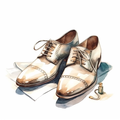 wedding watercolor graphics, subtle neutral pastel tones, sparklecore, embossed paper, Design a sophisticated wedding clipart showcasing the groom's shoes, meticulously crafted with sleek leather, laces, or buckles, representing the groom's impeccable style and attention to detail on his special day, candid, multi-layered