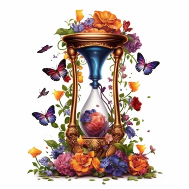 Clipart, A charming hourglass nestled amidst flowers, isolated on a white background with a wide margin