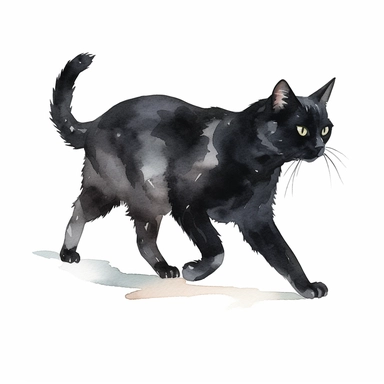 watercolor collection black cat in profile, running, clipart, white background