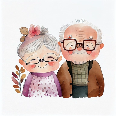 cute adorable happy grandparents, clear white background, handrawn watercolor graphic clipart, cute Children's Drawing, isolated