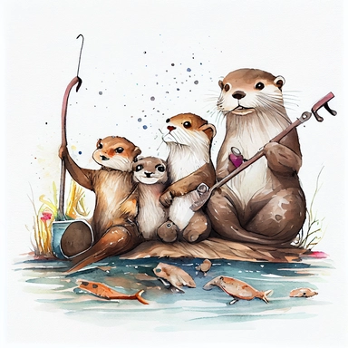 funny otter family going to fishing big fish, CLIPART, watercolor, ink, ultra-detailed, cartoon style, white background, black outside lines –testp,