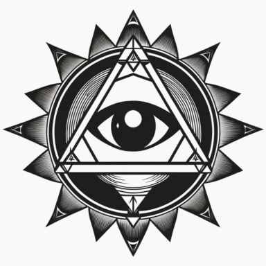 Illuminati black and white line art, white background, flat, single image clipart style