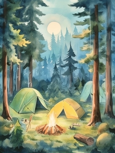 create a hand drawn watercolor clipart depicting campfires surrounded by tents, camping gear, and people enjoying the warmth of the fire, 4k,