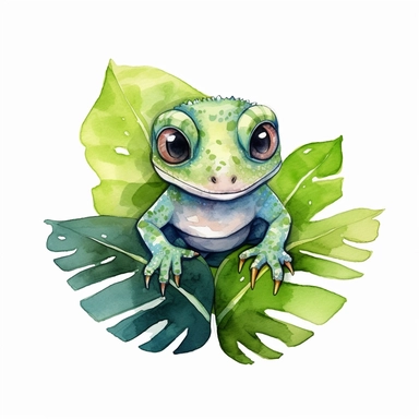 A cute clipart of a gecko chilling on a leaf clipart, white background, watercolor drawing