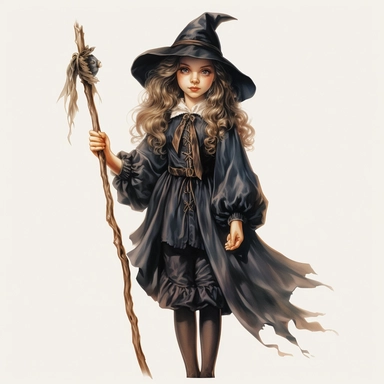 Hand drawn Vintage creepy wizard schoolgirl and small magic wand, full body, no background, watercolor, witchcraft, magical mystery art, cartoon style, very detailed, 8k, clipart, no shadow, single design, print on demand image, PNG transparent, white background for removing background - - no text shadow font watermark