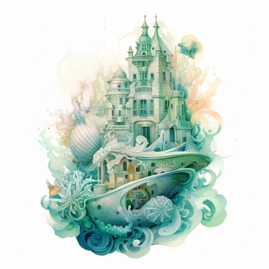 watercolor ocean arquitecture, atlantis arquitecture, in the style of anna dittmann, green and aquamarine, zhang jingna, detailed painting, detailed illustrations, fluid, watery, semi submerged, transparent/translucent medium, isoleted on white background, seashells, clipart , symbolic elements, tinycore, stone, fantasy-based, isoleted on white background, clipart