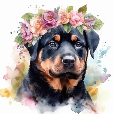 Rottweiler. Watercolor clipart of a small animal, portrait, puppy, doggy, child, flowers, nursery, crown, dog, wreath, pacifier, puppy