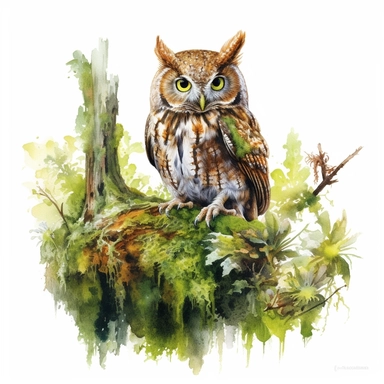 Generate a clipart of a Screech Owl sitting on a mossy sequoia branch. The owl's calm gaze should peer out of the watercolor scene, engaging the viewer and contrasting beautifully against the white background.