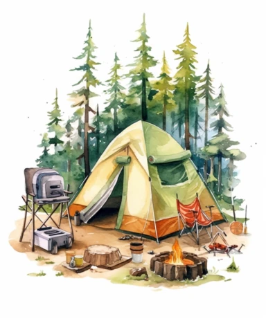 watercolor about camping activities, flat color, element, clipart, digital art, one by one isolated on white background, no noise, 300 DPI,