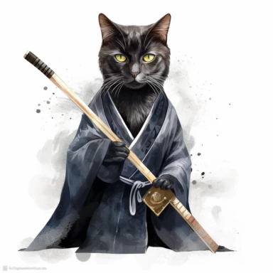 A clipart of a black cat wearing a samurai outfit and holding a bokken wooden sword, practicing martial arts, watercolor style, realistic, bright colors, 300 dpi, 8k, white and clear background