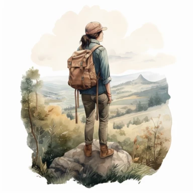 COZY semi-realistic scene of a female hiker , include a wide landscape, extreme wide angle view, transparent background, watercolour clipart illustration style, dreamy, intricate, illustration, detailed , 8k, png, clipart style, deep colours