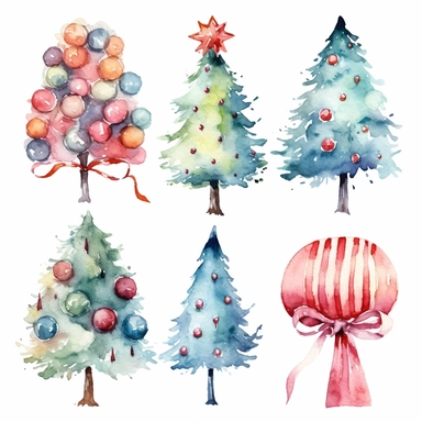 Watercolor christmas trees with christmas ornaments with gift boxes underneath, illustrations clipart set, simple, christmas colors , cartoon elements, different variants , candy cane, hollybell, bow, separate elements with a margin