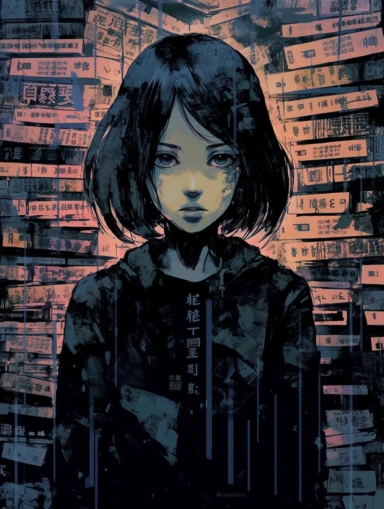 a newspaper clip art illustration for an ANIME GIRL, in the style of large-scale murals, dark palette chiaroscuro, movie poster, mori kei, captivating documentary photos