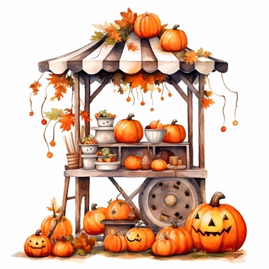 vector watercolor cute vintage tiny Halloween stand with Halloween style decor clipart on white background, fall, tiny Halloween stand, photorealistic, ultrarealistic, no background, on white