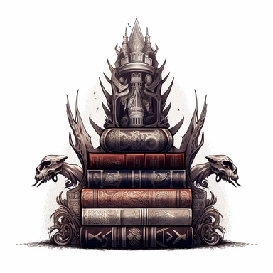 Create an impressive clipart of a clean, dark wizard's book stack on a pure white background. The design should incorporate elements of the gothic and fantasy genres, with dark hues and ornate designs on the books' spines. The lighting should be moody and shadowy, with a focus on the intricate details of the books' covers. The book stack should be perfectly symmetrical to create a sense of order and balance. Use a macro lens to capture the intricate details of the books' designs and play with th
